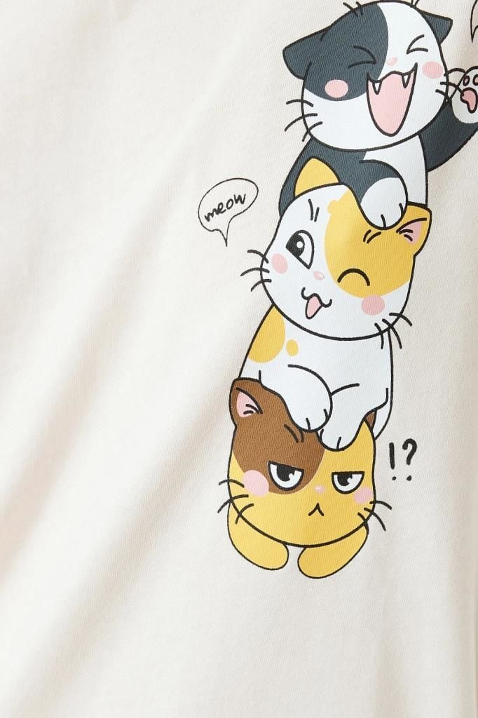 Koton Kedi Baskılı Bisiklet Yaka Kısa Kollu Rahat Kalıp Tişört