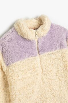 Koton Kız Bebek Peluş Yarım Fermuarlı Sweatshirt Dik Yaka Renk Kontrastlı