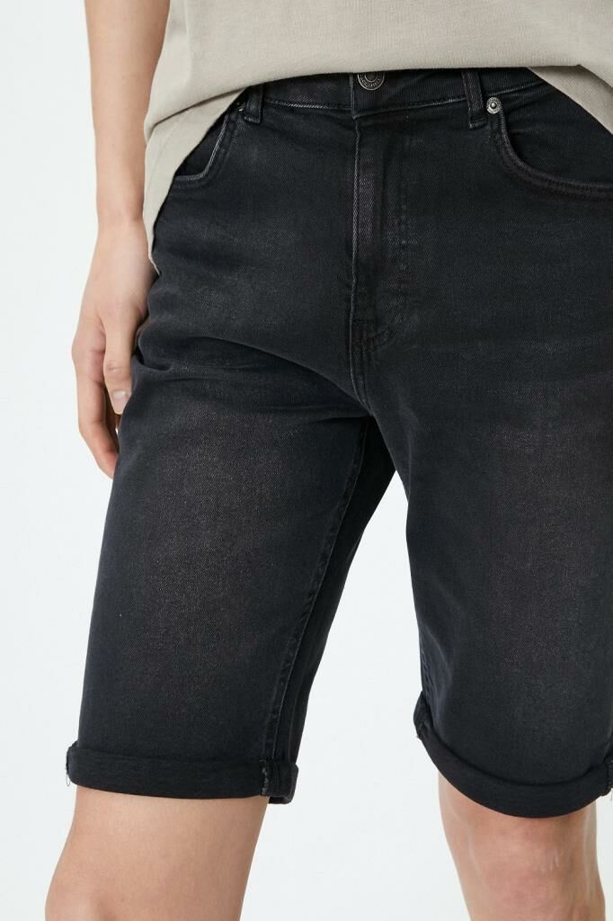 Koton Bermuda Kot Şort Düğmeli Katlı Paça Cepli