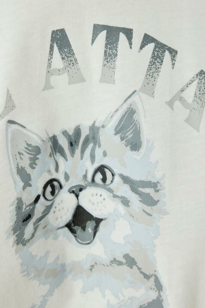 Koton Oversize Tişört Kedi Baskılı Bisiklet Yaka Kısa Kollu Pamuklu