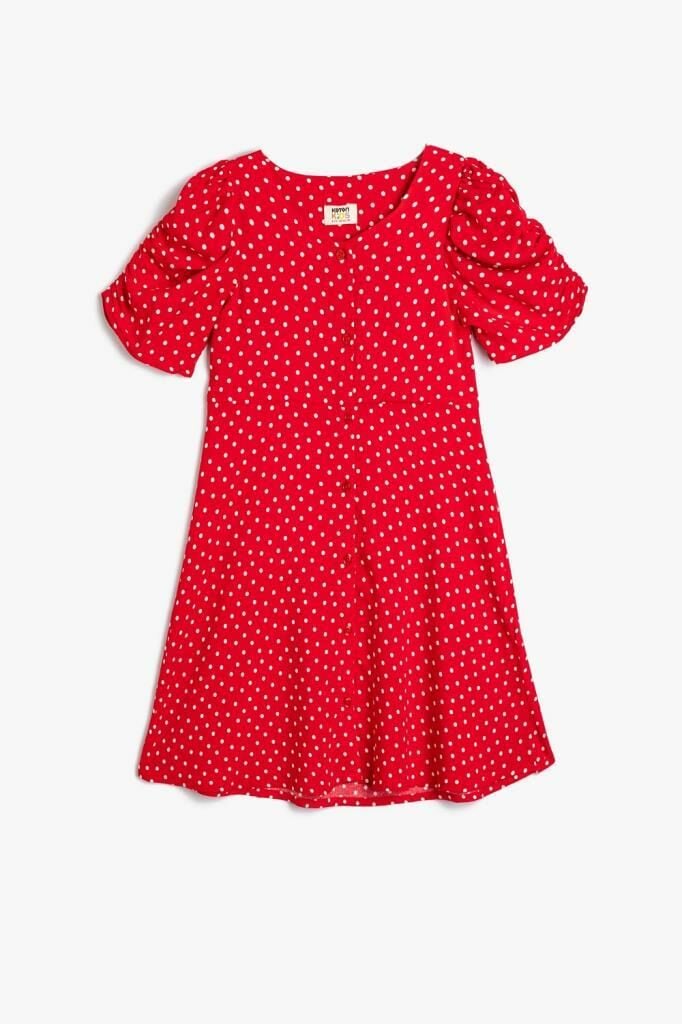 Koton Kız Çocuk Puantiyeli Elbise Balon Kollu Düğme Kapamalı Viskon Kumaş