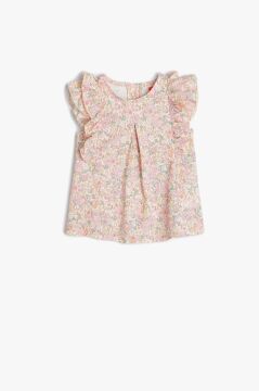 Koton Kız Bebek Bluz Çiçekli Fırfırlı Yuvarlak Yaka Arkadan Düğme Kapamalı