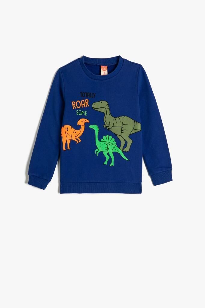 Koton Erkek Bebek Sweatshirt Dinozor Baskılı Bisiklet Yaka Uzun Kollu Şardonlu Pamuklu