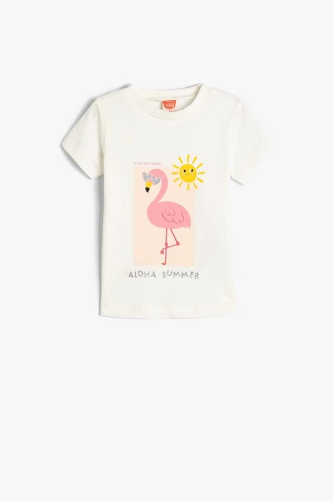 Koton Kız Bebek Tişört Flamingo Baskılı Kısa Kollu Bisiklet Yaka Pamuklu