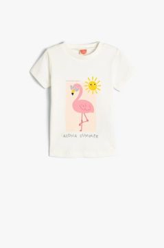 Koton Kız Bebek Tişört Flamingo Baskılı Kısa Kollu Bisiklet Yaka Pamuklu