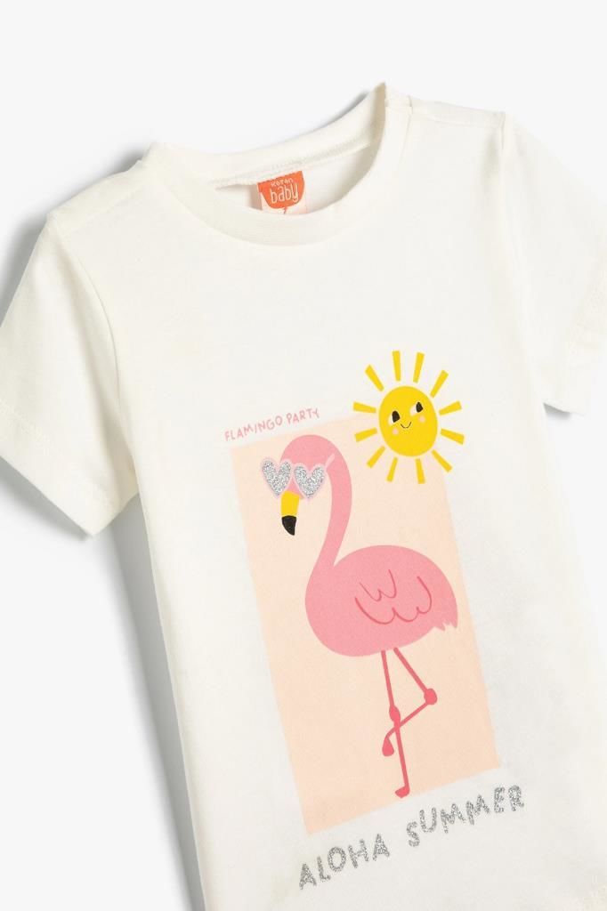 Koton Kız Bebek Tişört Flamingo Baskılı Kısa Kollu Bisiklet Yaka Pamuklu