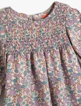 Koton Kız Bebek Çiçekli Elbise Uzun Kollu Fırfır Detaylı Yuvarlak Yaka Pamuklu