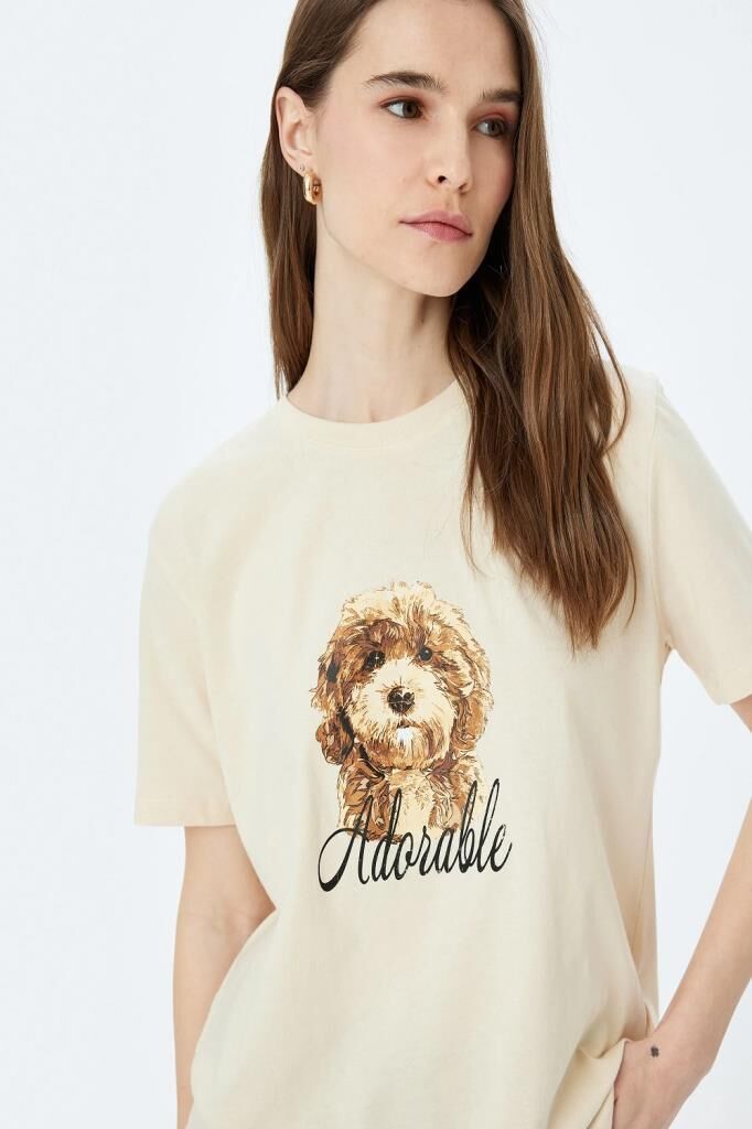 Koton Köpek Baskılı Kısa Kollu Bisiklet Yaka Tişört