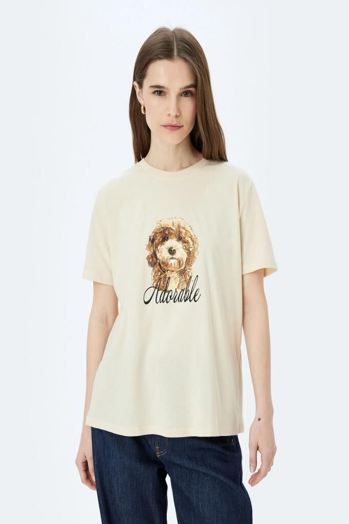 Koton Köpek Baskılı Kısa Kollu Bisiklet Yaka Tişört