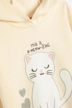 Koton Kız Bebek Kapşonlu Sweatshirt Kedicik Baskılı Uzun Kollu Şardonlu Pamuklu