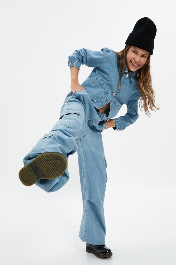 Koton Kız Çocuk Paraşüt Kot Pantolon Cepli Beli Ayarlanabilir Lastikli Pamuklu - Parachute Jean