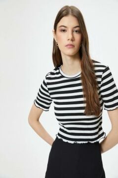 Koton Crop Tişört Ribanalı Kısa Kollu Bisiklet Yaka Pamuklu