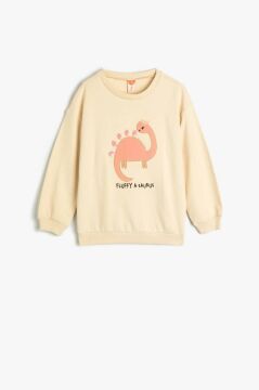 Koton Kız Bebek Dinozorlu Sweatshirt Bisiklet Yaka Uzun Kollu Şardonlu Pamuklu