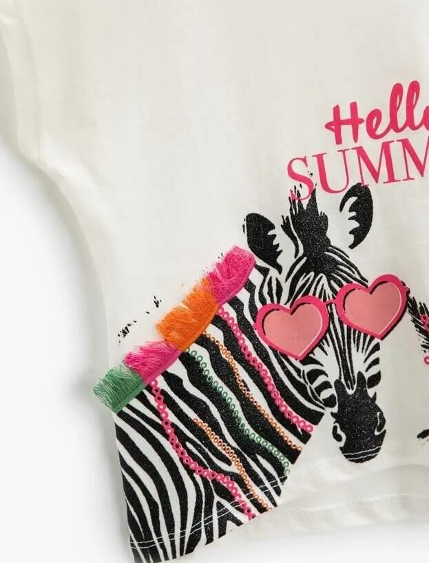 Koton Kız Çocuk Kolsuz Bol Kalıp Tişört Bisiklet Yaka Zebra Baskılı Aplike Detaylı