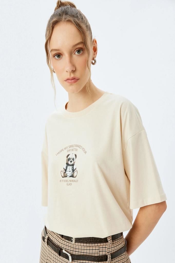Koton Slogan Baskılı Bisiklet Yaka Kısa Kollu Oversize Tişört