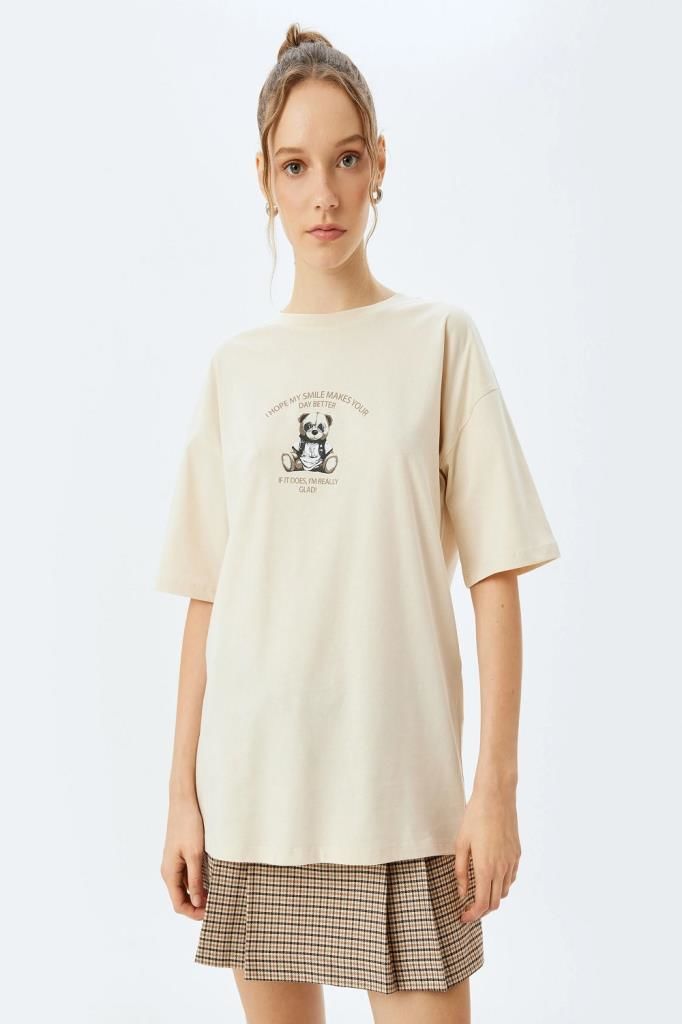 Koton Slogan Baskılı Bisiklet Yaka Kısa Kollu Oversize Tişört