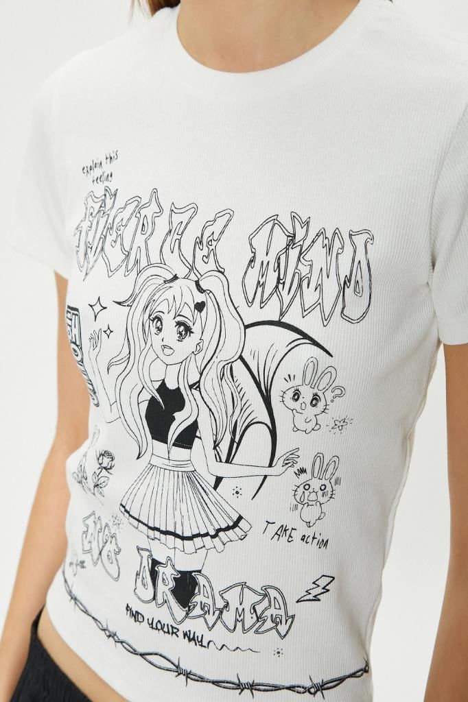 Koton Anime Tişört Baskılı Kısa Kollu Bisiklet Yaka Pamuklu Slim Fit