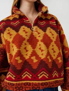 Koton Kadın Peluş Sweatshirt Etnik Desenli Yakası Fermuarlı Uzun Kollu