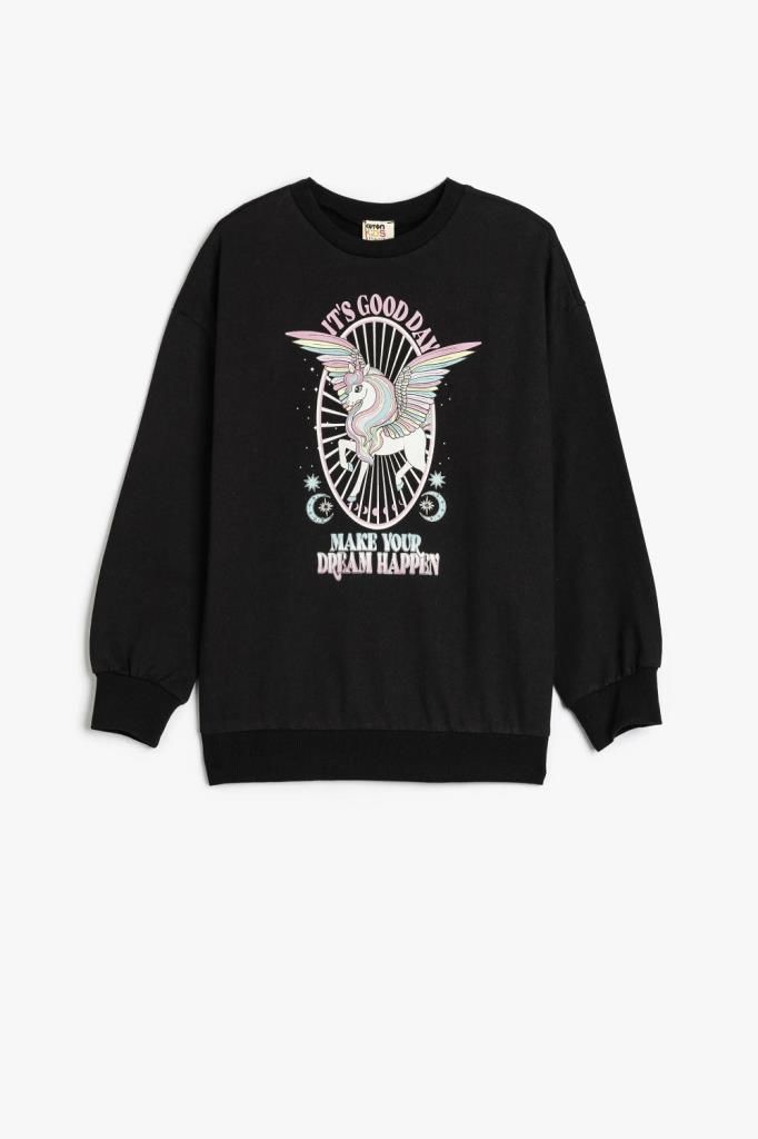 Koton Kız Çocuk Sweatshirt Unicorn Baskılı Uzun Kollu Bisiklet Yaka Şardonlu