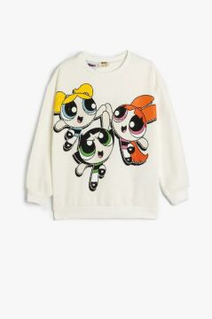 Koton Kız Çocuk Powerpuff Girls Sweatshirt Lisanslı Uzun Kollu Bisiklet Yaka Şardonlu