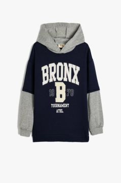 Koton Erkek Çocuk Kapşonlu Sweatshirt Renk Bloklu Brooklyn Baskılı Uzun Kollu Şardonlu