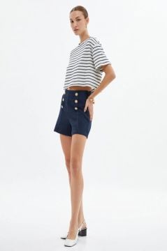Koton Oversize Crop Tişört Bisiklet Yaka Kısa Kollu Lacivert Çizgili
