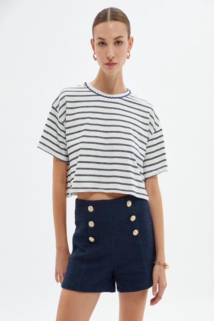 Koton Oversize Crop Tişört Bisiklet Yaka Kısa Kollu Lacivert Çizgili