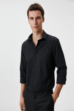 Koton Slim Fit Gömlek Yarım İtalyan Yaka Düğmeli Dokulu