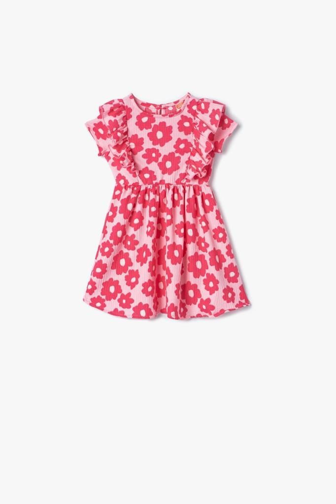 Koton Kız Bebek Çiçekli Elbise Fırfır Kollu Dokulu Yuvarlak Yaka