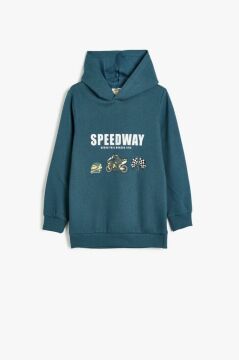 Koton Erkek Çocuk Kapşonlu Sweatshirt Motosiklet Baskılı Uzun Kollu