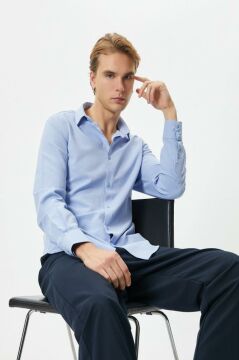 Koton Klasik Gömlek Slim Fit Yarım İtalyan Yaka Düğmeli Uzun Kollu