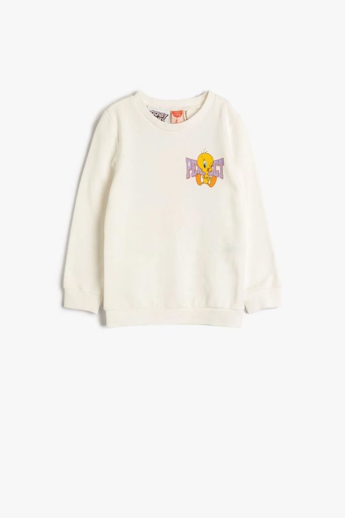 Koton Kız Bebek Tweety Sweatshirt Lisanslı Uzun Kollu Bisiklet Yaka Şardonlu Pamuklu