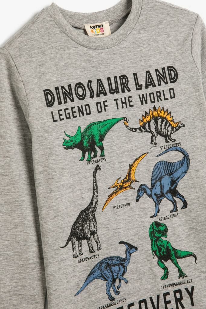 Koton Erkek Çocuk Dinozorlu Tişört Uzun Kollu Bisiklet Yaka Pamuklu