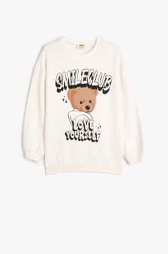 Koton Kız Çocuk Ayıcık Baskılı Sweatshirt Uzun Kollu Bisiklet Yaka Şardonlu