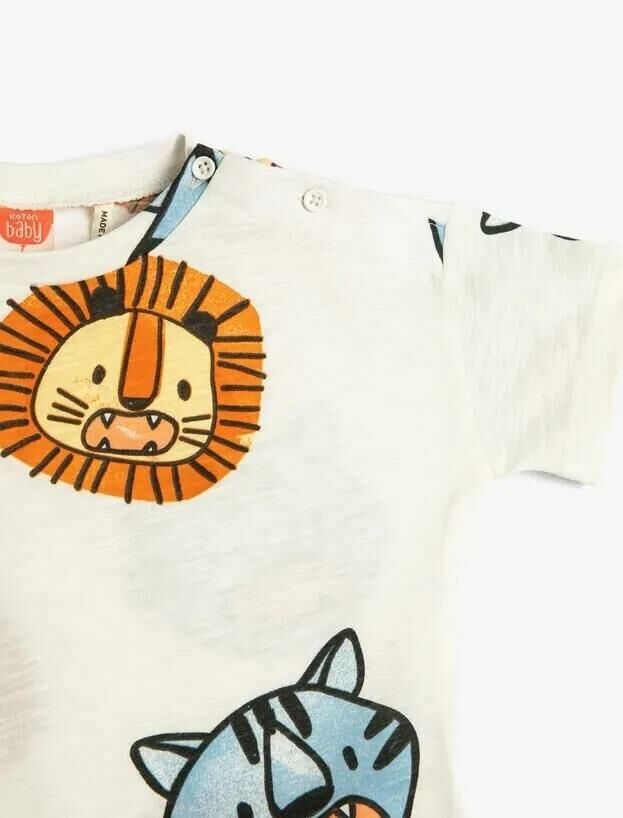 Koton Erkek Bebek Tişört Kısa Kollu Bisiklet Yaka Pamuklu Hayvanlar Baskılı