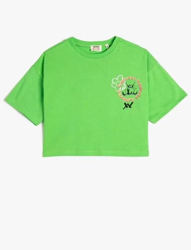 Koton Kız Çocuk Crop Oversize Tişört Arkası Baskılı Kısa Kollu Bisiklet Yaka Pamuklu