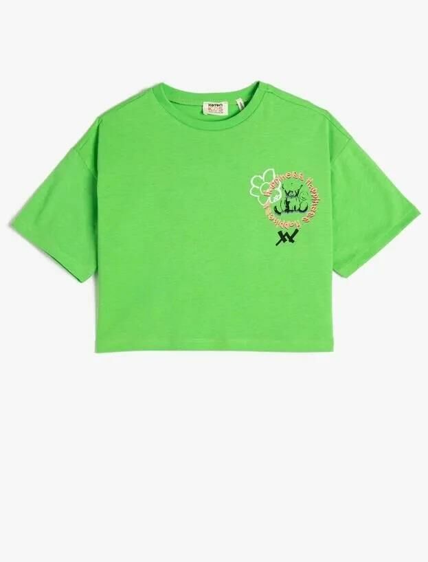 Koton Kız Çocuk Crop Oversize Tişört Arkası Baskılı Kısa Kollu Bisiklet Yaka Pamuklu