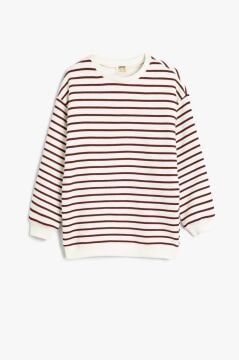 Koton Kız Çocuk Basic Çizgili Sweatshirt Uzun Kollu Bisiklet Yaka Pamuklu