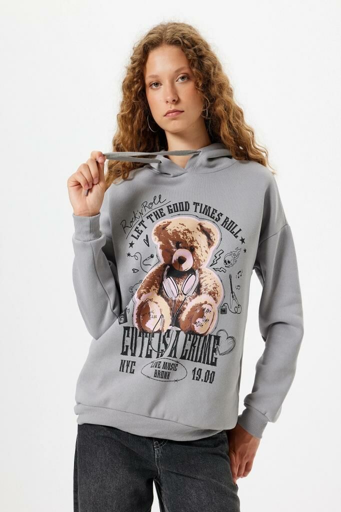 Koton Oversize Kapüşonlu Sweatshirt Ayı Baskılı Sloganlı Şardonlu