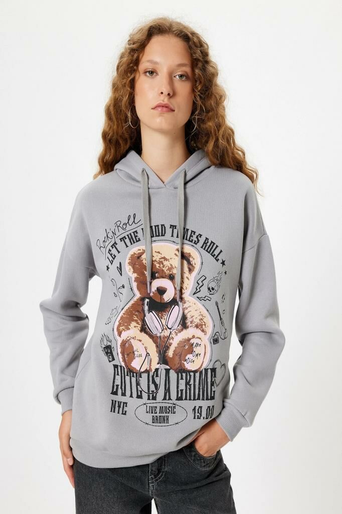 Koton Oversize Kapüşonlu Sweatshirt Ayı Baskılı Sloganlı Şardonlu