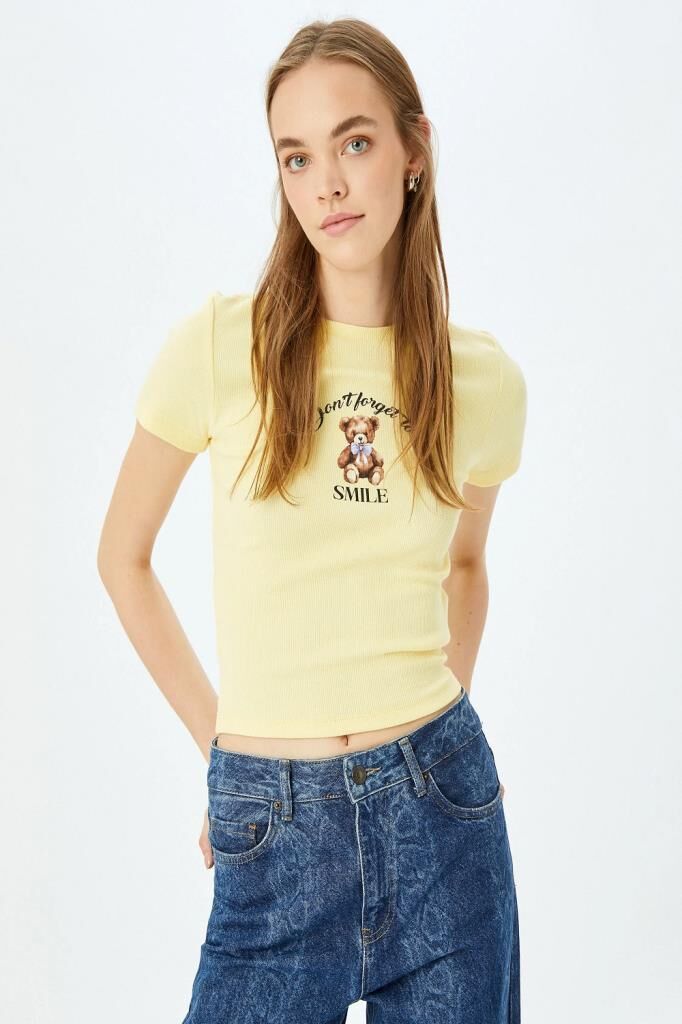 Koton Ayı Baskılı Kısa Kollu Bisiklet Yaka Slim Fit Tişört