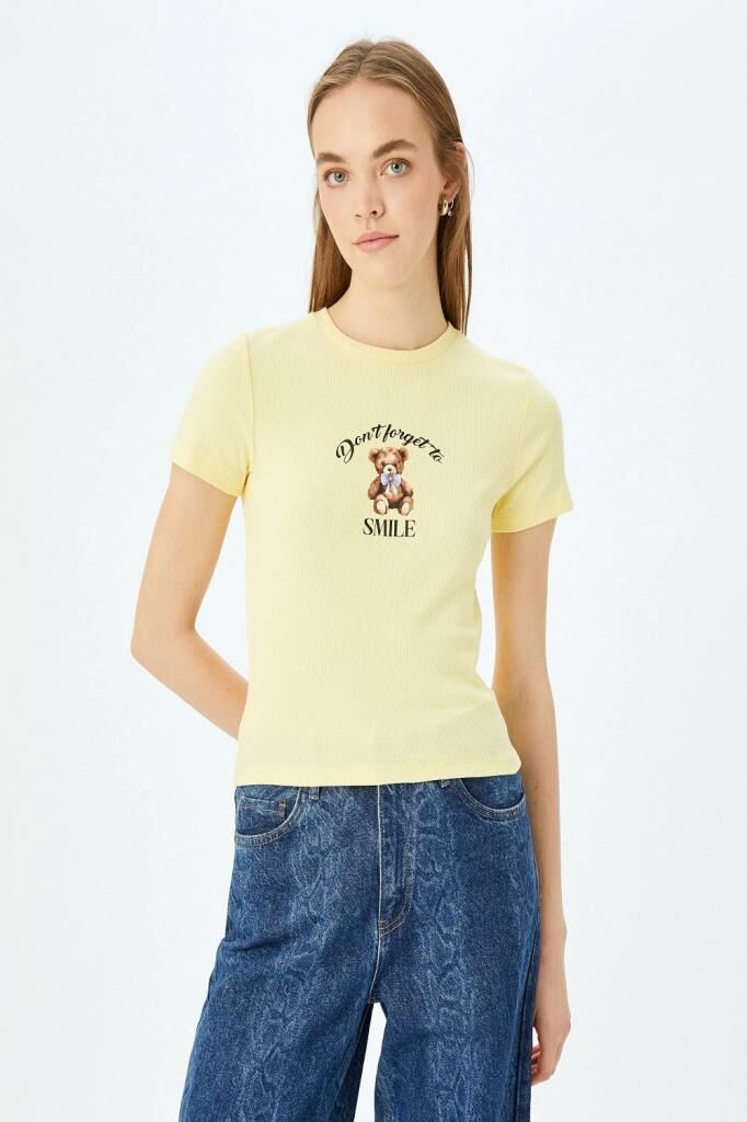 Koton Ayı Baskılı Kısa Kollu Bisiklet Yaka Slim Fit Tişört