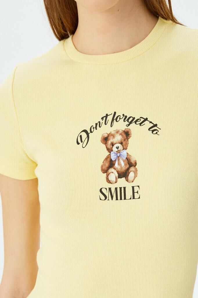 Koton Ayı Baskılı Kısa Kollu Bisiklet Yaka Slim Fit Tişört