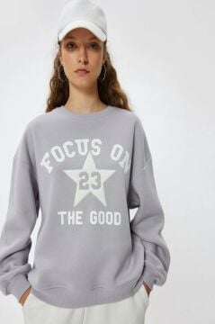 Koton Oversize Bisiklet Yaka Sweatshirt Kolej Baskılı Şardonlu