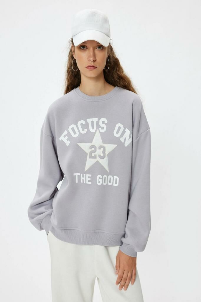 Koton Oversize Bisiklet Yaka Sweatshirt Kolej Baskılı Şardonlu