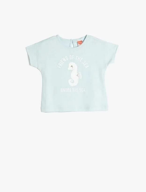 Koton Kız Bebek Tişört Kısa Kollu Bisiklet Yaka Deniz Atı Baskılı Pamuklu