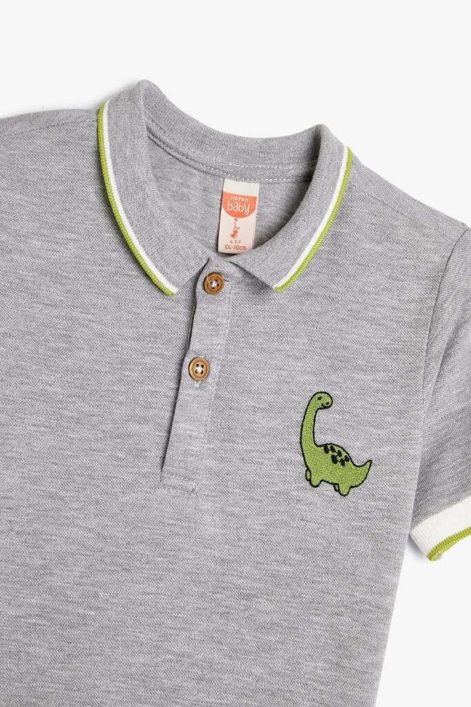 Koton Erkek Bebek Polo Yaka Tişört Kısa Kollu Dinozor İşleme Detaylı Düğmeli
