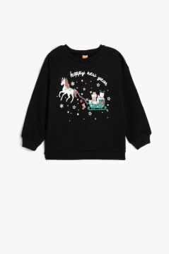 KotonKız Bebek Sweatshirt Yılbaşı Baskılı Uzun Kollu Bisiklet Yaka Pamuklu Şardonlu