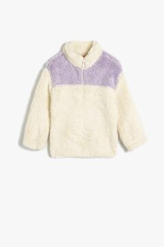 Koton Kız Bebek Peluş Sweatshirt Dik Yaka Uzun Kollu Yarım Fermuarlı