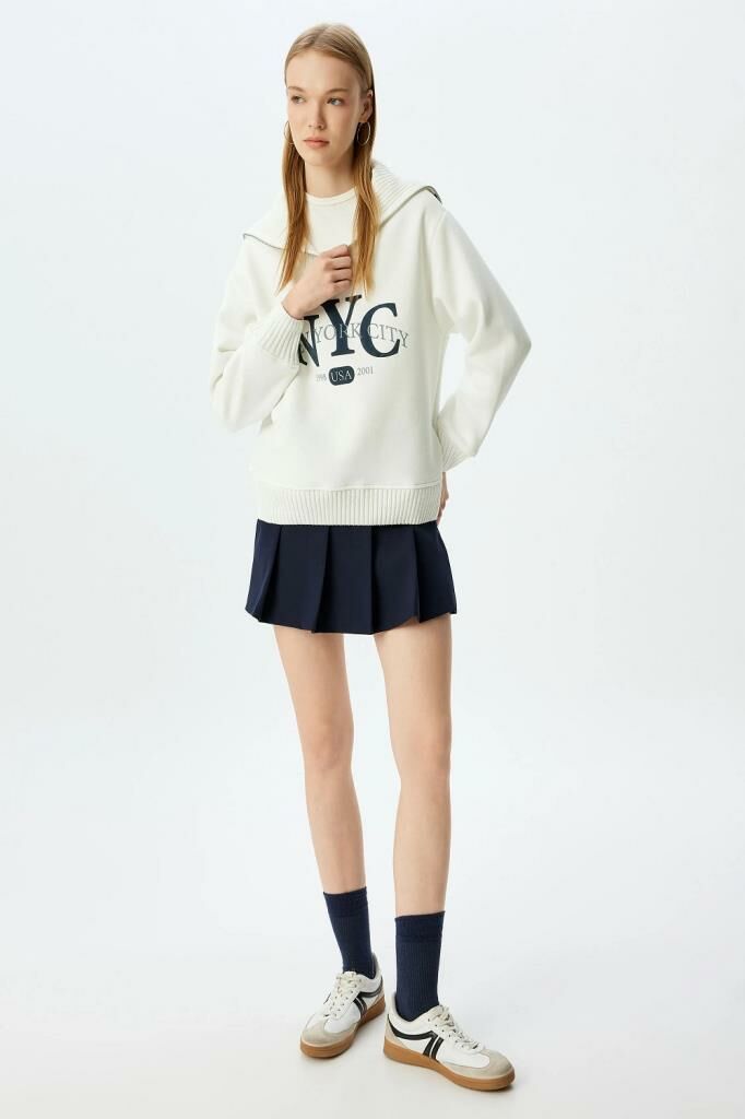 Koton Dik Yaka Yarım Fermuarlı Kolej Baskılı Şardonlu Oversize Sweatshirt